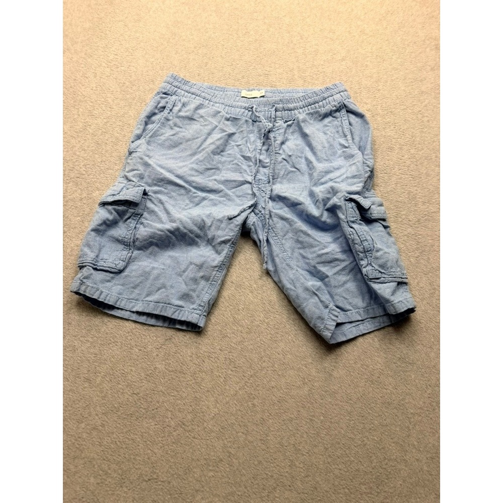 Onia Mens Blue Linen Blend Cargo Shorts Elastic Waist Drawstring Size Small
